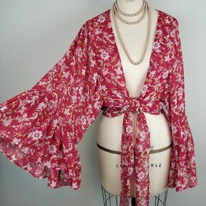 Miami Rouge Red Ruffled Bell Sleeve Lightweight Floral Cardigan Tie Front O/S